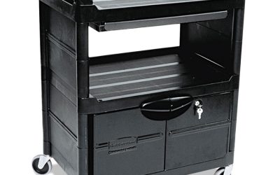 Utility Cart with Locking Doors, Plastic, 3 Shelves, 200 lb Capacity, 33.63″ x 18.63″ x 37.75″, Black