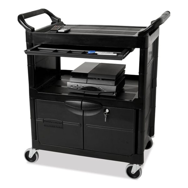 Utility Cart with Locking Doors, Plastic, 3 Shelves, 200 lb Capacity, 33.63" x 18.63" x 37.75", Black - Image 5
