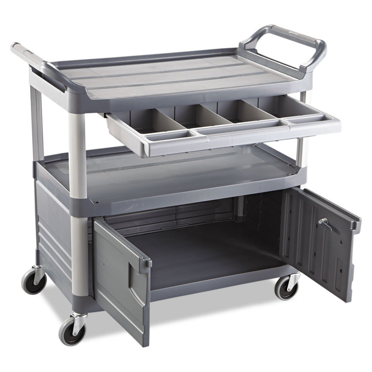 Xtra Instrument Cart with Locking Storage Area, Plastic, 3 Shelves, 300 lb Capacity, 20" x 40.63" x 37.8", Gray - Image 3
