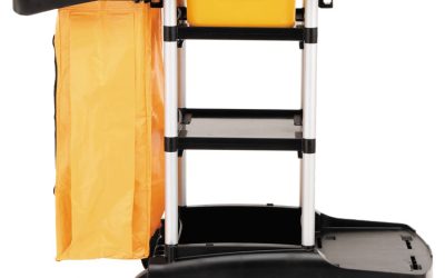 High Capacity Cleaning Cart, Plastic, 4 Shelves, 2 Bins, 21.75″ x 49.75″ x 38.38″, Black