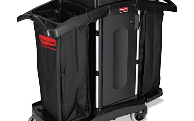 High-Security Housekeeping Cart, Plastic, 3 Shelves, 2 Bins, 22″ x 51.75″ x 53.5″, Black/Silver