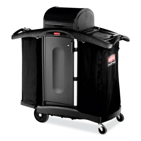 High-Security Housekeeping Cart, Plastic, 3 Shelves, 2 Bins, 22" x 51.75" x 53.5", Black/Silver - Image 4