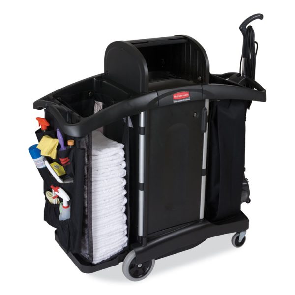 High-Security Housekeeping Cart, Plastic, 3 Shelves, 2 Bins, 22" x 51.75" x 53.5", Black/Silver - Image 3