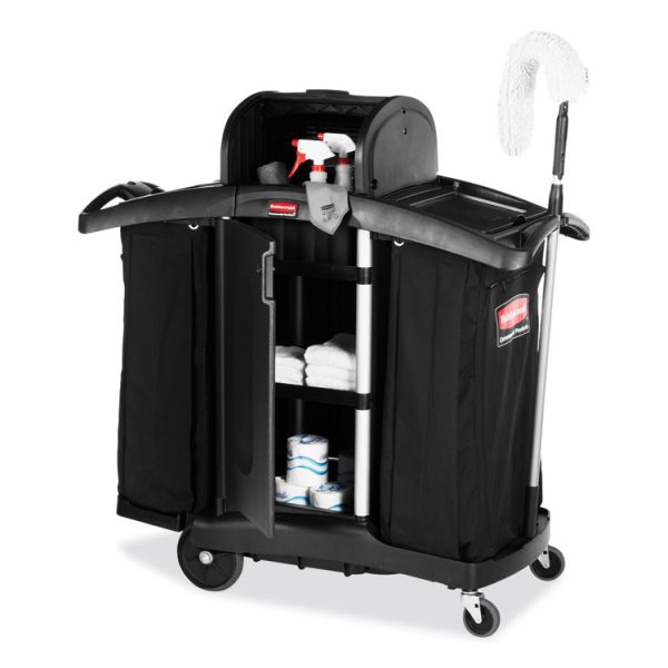 High-Security Housekeeping Cart, Plastic, 3 Shelves, 2 Bins, 22" x 51.75" x 53.5", Black/Silver - Image 5