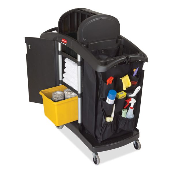 High-Security Housekeeping Cart, Plastic, 3 Shelves, 2 Bins, 22" x 51.75" x 53.5", Black/Silver - Image 6
