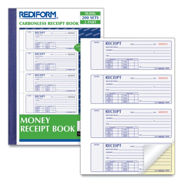 Money Receipt Book, Softcover, Two-Part Carbonless, 7 x 2.75, 4 Forms/Sheet, 200 Forms Total - Image 3