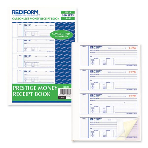 Money Receipt Book, Hardcover, Three-Part Carbonless, 7 x 2.75, 4 Forms/Sheet, 200 Forms Total - Image 3