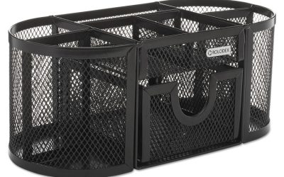 Mesh Oval Pencil Cup Organizer, 4 Compartments, Steel, 9.38 x 4.5 x 4, Black