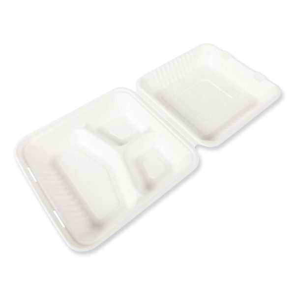 Bagasse PFAS-Free Food Containers, 3-Compartment, 9 x 9 x 3.19, White, Bamboo/Sugarcane, 200/Carton - Image 2
