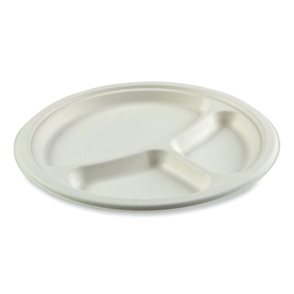 Bagasse PFAS-Free Dinnerware, 3-Compartment Plate, 10.24" dia, White, 500/Carton - Image 3