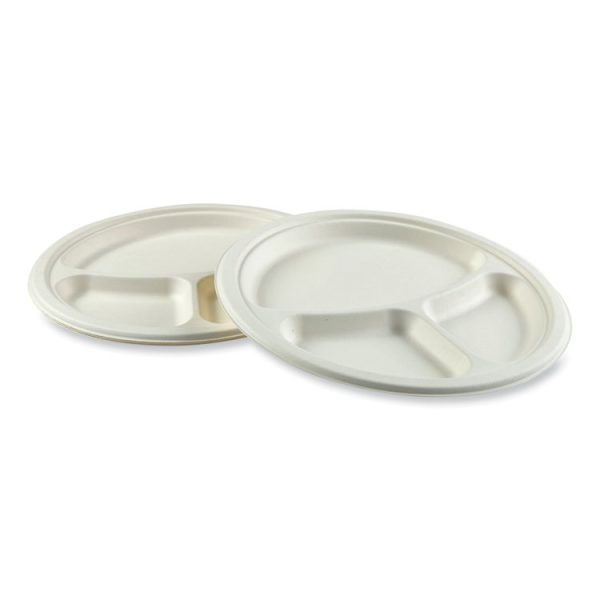 Bagasse PFAS-Free Dinnerware, 3-Compartment Plate, 10.24" dia, White, 500/Carton - Image 4