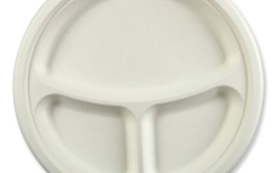 Bagasse PFAS-Free Dinnerware, 3-Compartment Plate, 10.24″ dia, White, 500/Carton