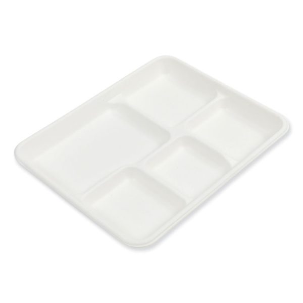 Bagasse PFAS-Free Food Tray, 5-Compartment, 8.26 x 10.23 x 0.94, White, Bamboo/Sugarcane, 500/Carton - Image 2