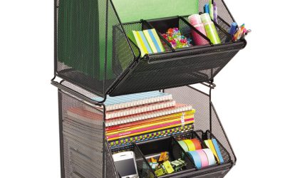 Onyx Stackable Mesh Storage Bin, 4 Compartments, Steel Mesh, 14 x 15.5 x 11.75, Black