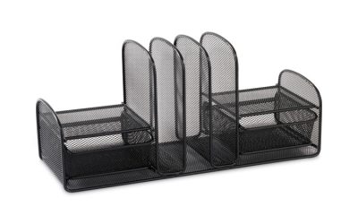 Onyx Mesh Desk Organizer, Three Sections/Two Baskets, Steel Mesh, 17 x 6.75 x 7.75, Black