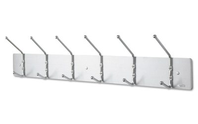 Metal Wall Rack, Six Ball-Tipped Double-Hooks, Metal, 36w x 3.75d x 7h, Satin