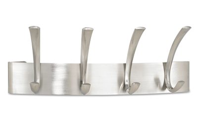 Metal Coat Rack, Wall Rack, Four Hooks, Steel, 14.25w x 4.5d x 5.25h, Brushed Nickel