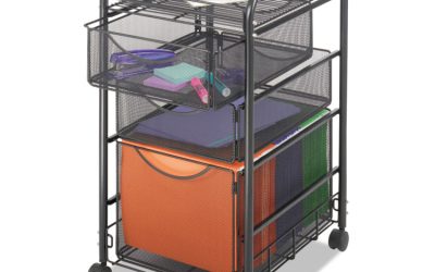 Onyx Mesh Mobile File with Two Supply Drawers, Metal, 1 Shelf, 3 Drawers, 15.75″ x 17″ x 27″, Black