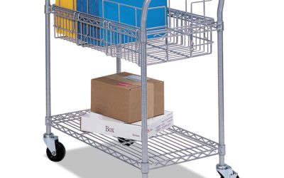 Dual-Purpose Wire Mail and Filing Cart, Metal, 1 Shelf, 1 Bin, 26.75″ x 18.75″ x 38.5″, Metallic Gray