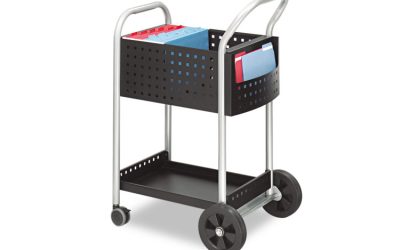 Scoot Dual-Purpose Mail and Filing Cart, Metal, 1 Shelf, 2 Bins, 22″ x 27″ x 40.5″, Black/Silver