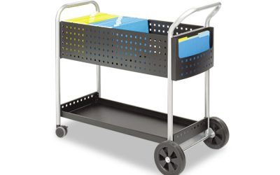 Scoot Dual-Purpose Mail and Filing Cart, Metal, 1 Shelf, 2 Bins, 22.5″ x 39.5″ x 40.75″, Black/Silver