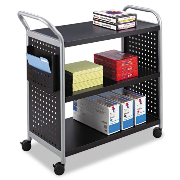 Scoot Three Shelf Utility Cart, Metal, 3 Shelves, 1 Bin, 300 lb Capacity, 31" x 18" x 38", Black/Silver - Image 2