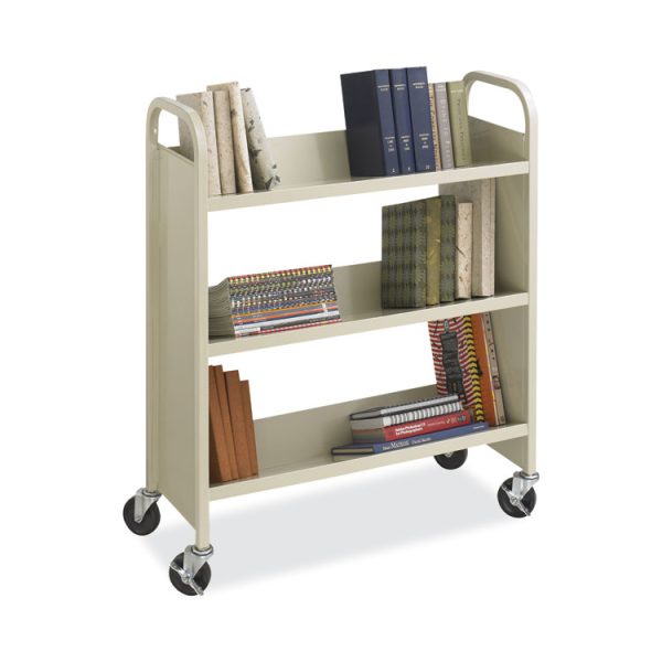 Steel Single-Sided Book Cart, Metal, 3 Shelves, 300 lb Capacity, 36" x 14.5" x 43.5", Sand - Image 2