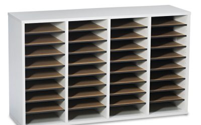 Wood/Laminate Literature Sorter, 36 Compartments, 39.25 x 11.75 x 24, Gray