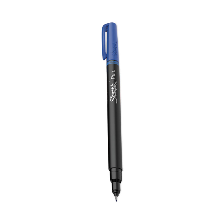 Water-Resistant Ink Porous Point Pen, Stick, Fine 0.4 mm, Blue Ink, Black/Blue Barrel, Dozen - Image 2