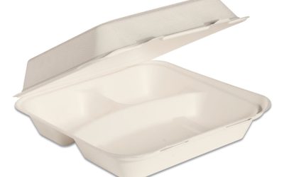 Bare Eco-Forward Bagasse Hinged Lid Containers, ProPlanet Seal, 3-Compartment, 9.6 x 9.4 x 3.2, Ivory, Sugarcane, 200/Carton