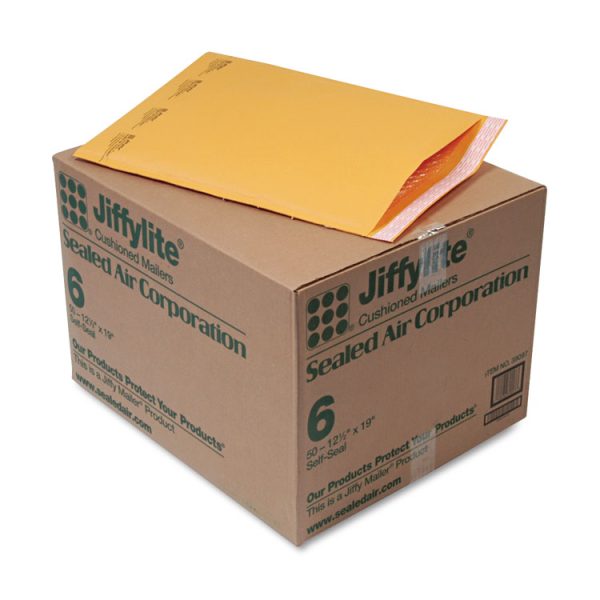 Jiffylite Self-Seal Bubble Mailer, #6, Barrier Bubble Air Cell Cushion, Self-Adhesive Closure, 12.5 x 19, Brown Kraft, 50/CT