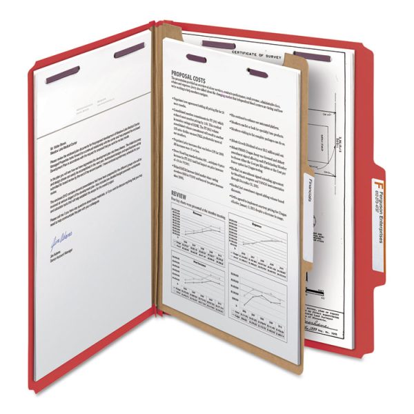 Four-Section Pressboard Top Tab Classification Folders, Four SafeSHIELD Fasteners, 1 Divider, Letter Size, Bright Red, 10/Box - Image 2