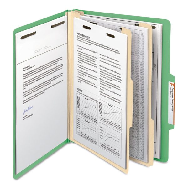 Top Tab Classification Folders, Six SafeSHIELD Fasteners, 2" Expansion, 2 Dividers, Letter Size, Green Exterior, 10/Box - Image 6