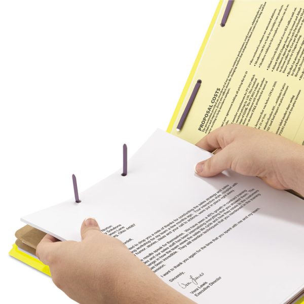 Six-Section Pressboard Top Tab Classification Folders, Six SafeSHIELD Fasteners, 2 Dividers, Letter Size, Yellow, 10/Box - Image 2