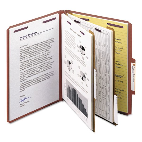 Pressboard Classification Folders, Six SafeSHIELD Fasteners, 2/5-Cut Tabs, 2 Dividers, Letter Size, Red, 10/Box - Image 8