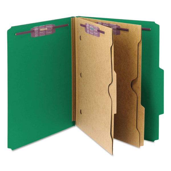 6-Section Pressboard Top Tab Pocket Classification Folders, 6 SafeSHIELD Fasteners, 2 Dividers, Letter Size, Green, 10/Box - Image 7