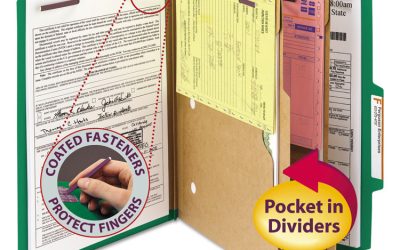 6-Section Pressboard Top Tab Pocket Classification Folders, 6 SafeSHIELD Fasteners, 2 Dividers, Letter Size, Green, 10/Box