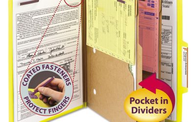 6-Section Pressboard Top Tab Pocket Classification Folders, 6 SafeSHIELD Fasteners, 2 Dividers, Letter Size, Yellow, 10/Box