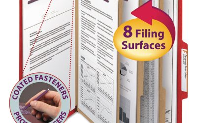 Eight-Section Pressboard Top Tab Classification Folders, 8 SafeSHIELD Fasteners, 3 Dividers, Letter Size, Bright Red, 10/Box