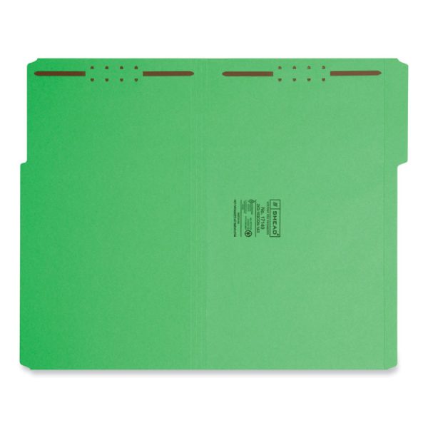 Top Tab Colored Fastener Folders, 0.75" Expansion, 2 Fasteners, Legal Size, Green Exterior, 50/Box - Image 2