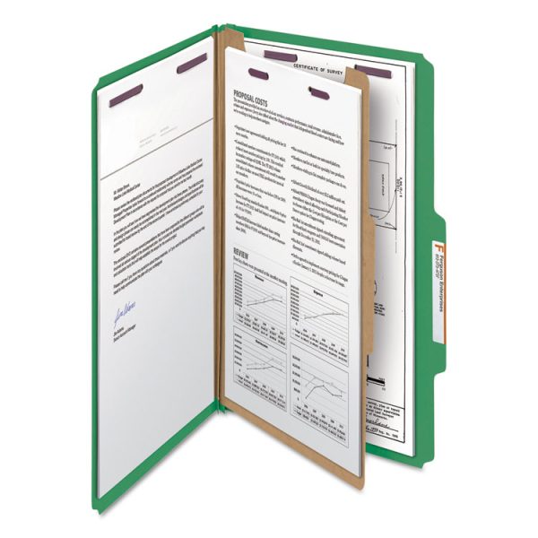 Four-Section Pressboard Top Tab Classification Folders, Four SafeSHIELD Fasteners, 1 Divider, Legal Size, Green, 10/Box - Image 3