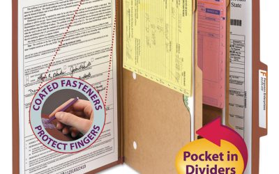 6-Section Pressboard Top Tab Pocket Classification Folders, 6 SafeSHIELD Fasteners, 2 Dividers, Legal Size, Red, 10/Box