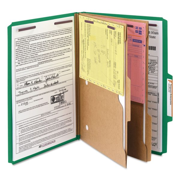 6-Section Pressboard Top Tab Pocket Classification Folders, 6 SafeSHIELD Fasteners, 2 Dividers, Legal Size, Green, 10/Box - Image 7