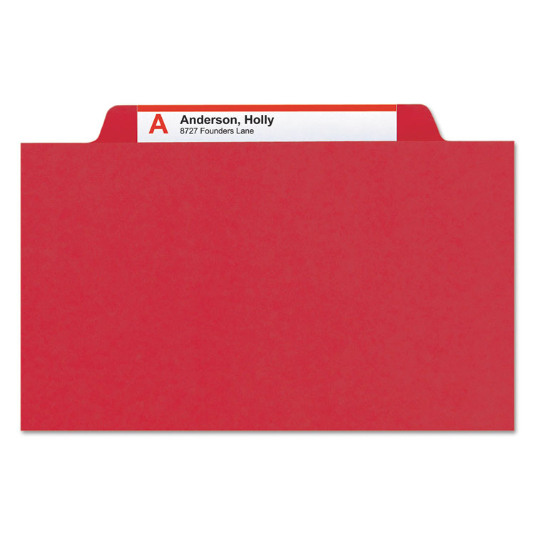 Eight-Section Pressboard Top Tab Classification Folders, 8 SafeSHIELD Fasteners, 3 Dividers, Legal Size, Bright Red, 10/Box - Image 3