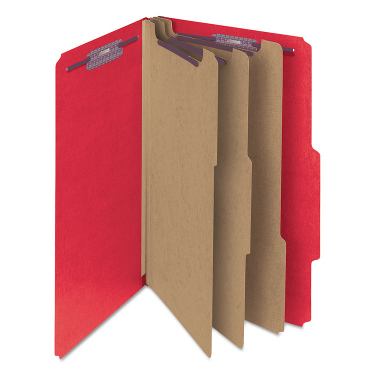Eight-Section Pressboard Top Tab Classification Folders, 8 SafeSHIELD Fasteners, 3 Dividers, Legal Size, Bright Red, 10/Box - Image 7