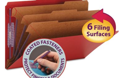 Eight-Section Pressboard Top Tab Classification Folders, 8 SafeSHIELD Fasteners, 3 Dividers, Legal Size, Bright Red, 10/Box