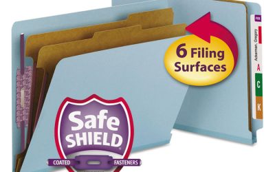 End Tab Pressboard Classification Folders, Six SafeSHIELD Fasteners, 2″ Expansion, 2 Dividers, Letter Size, Blue, 10/Box