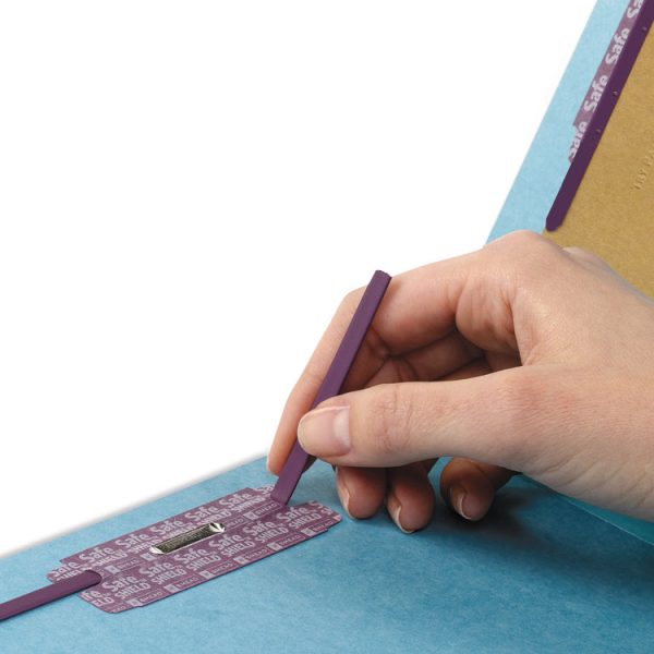 End Tab Pressboard Classification Folders, Six SafeSHIELD Fasteners, 2" Expansion, 2 Dividers, Letter Size, Blue, 10/Box - Image 2