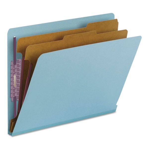 End Tab Pressboard Classification Folders, Six SafeSHIELD Fasteners, 2" Expansion, 2 Dividers, Letter Size, Blue, 10/Box - Image 6