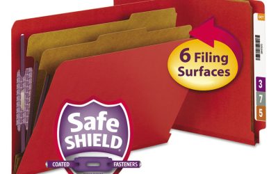 End Tab Pressboard Classification Folders, Six SafeSHIELD Fasteners, 2″ Expansion, 2 Dividers, Letter Size, Bright Red, 10/BX